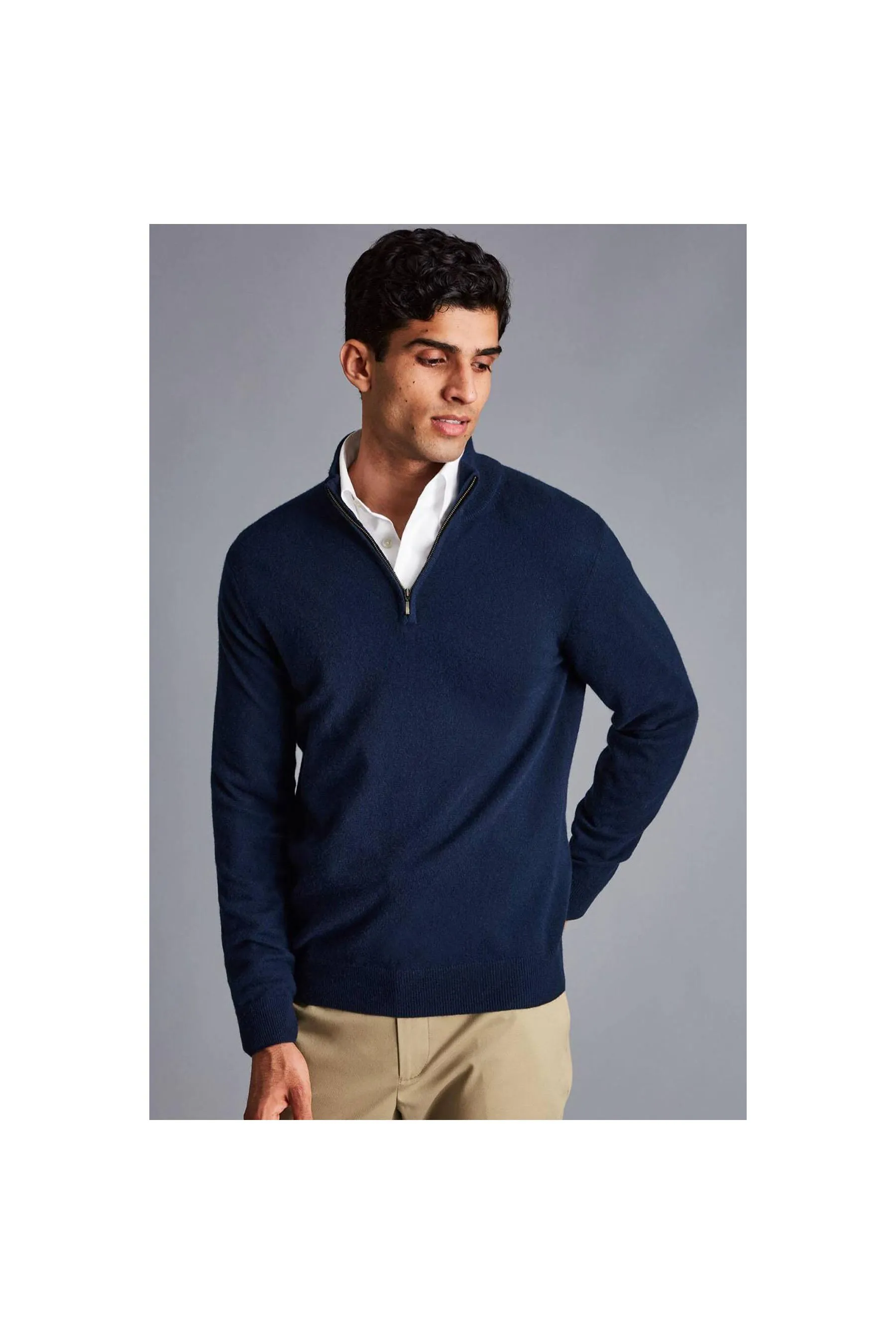 Navy Blue Pure Cashmere Zip Neck Jumper for Men by CHARLES TYRWHITT