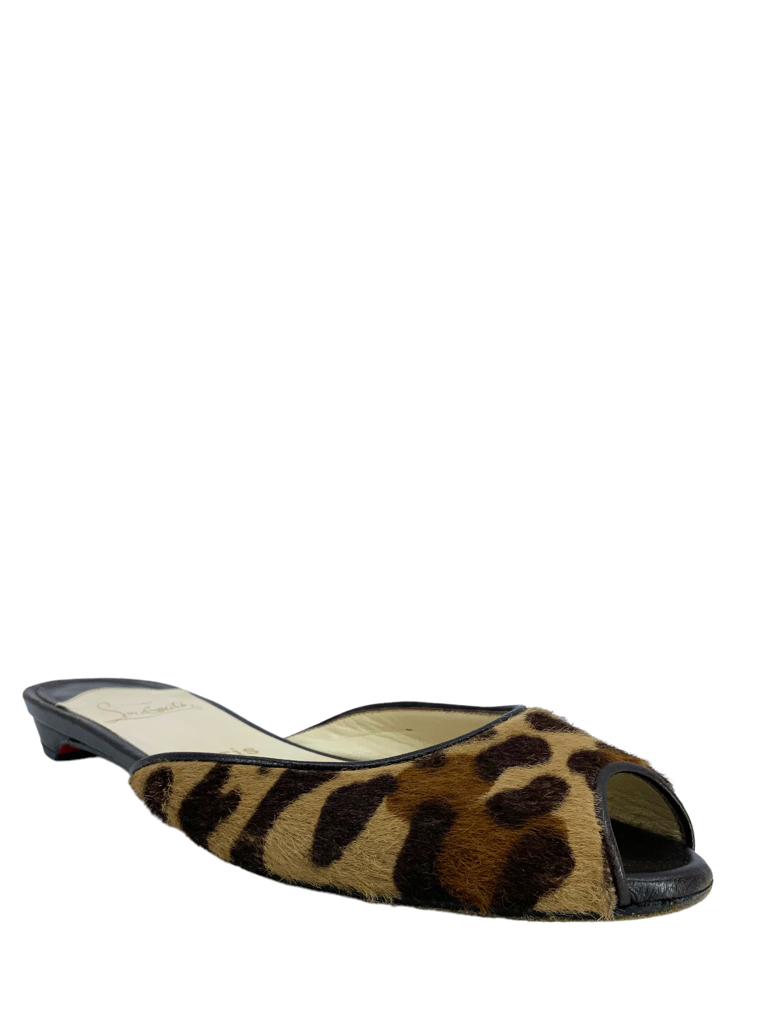 Christian Louboutin Leopard Print Pony Hair Peep Toe Flats Size 7.5