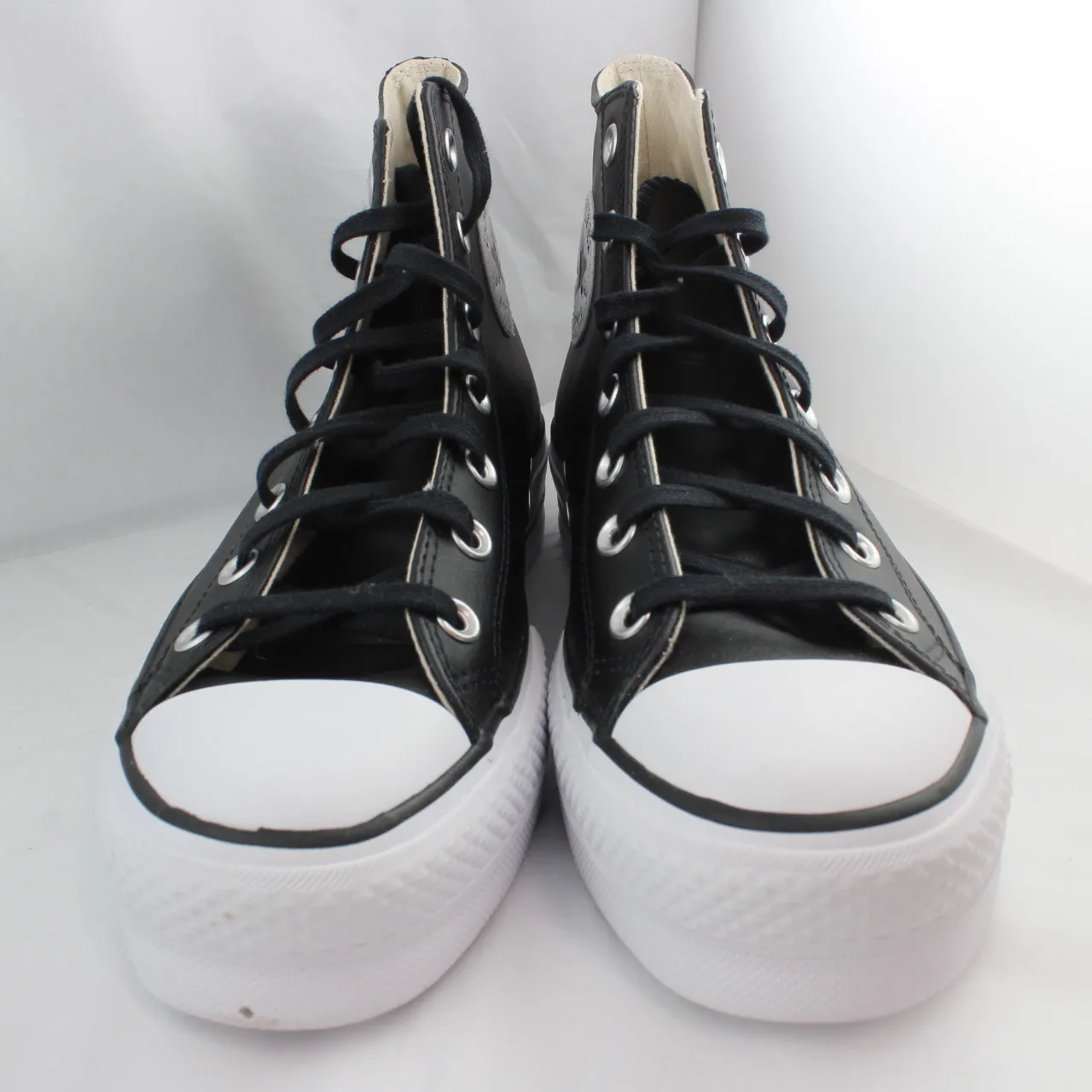 Converse All Star Leather Hi Top Black White Platform Sneakers.