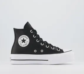 Converse All Star Leather Hi Top Black White Platform Sneakers.