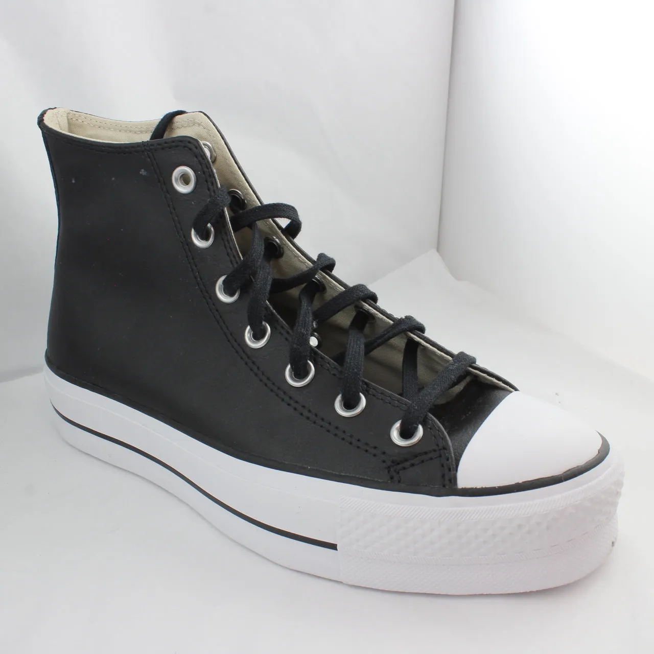 Converse All Star Leather Hi Top Black White Platform Sneakers.