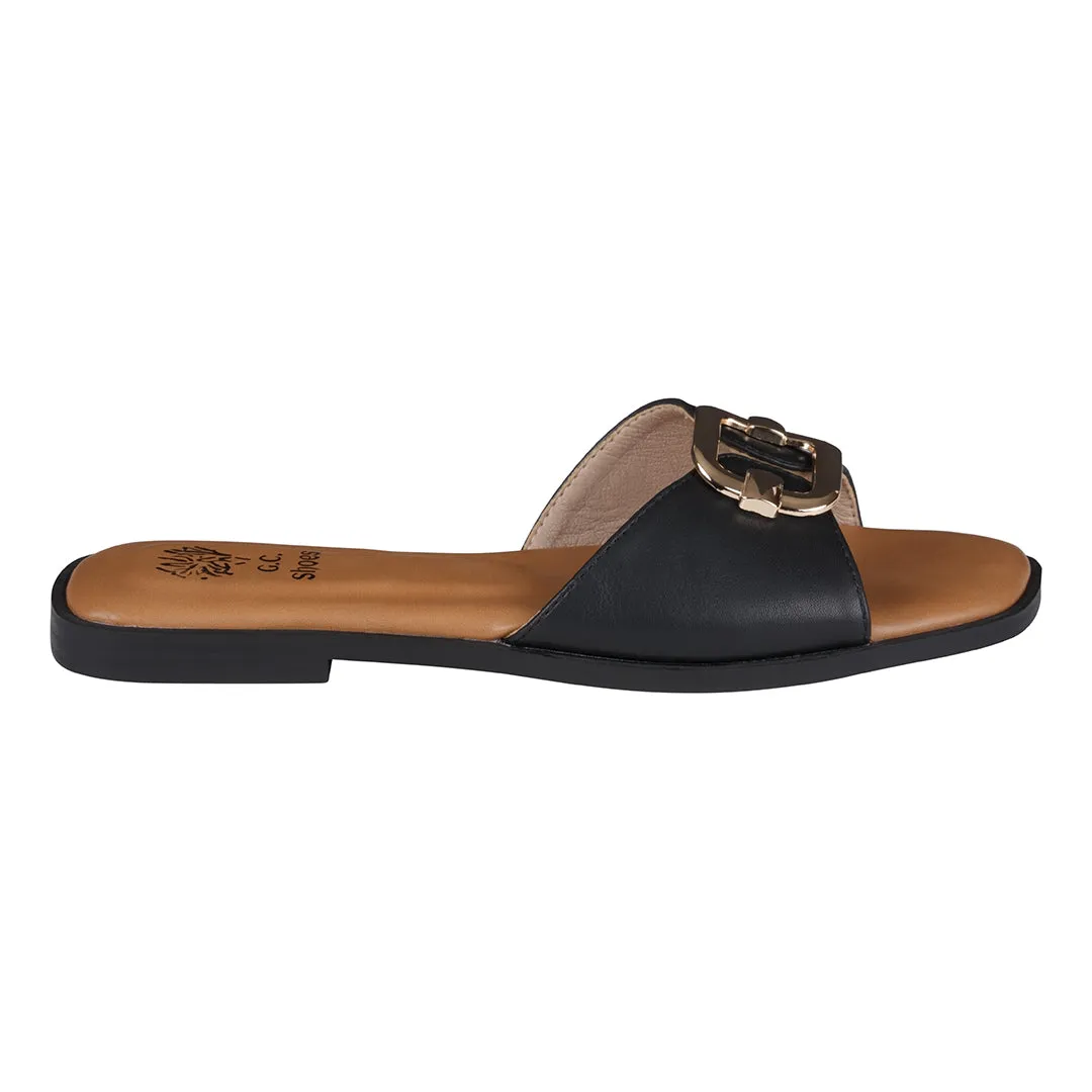 Davina Black Hardware Slide Flat Sandals