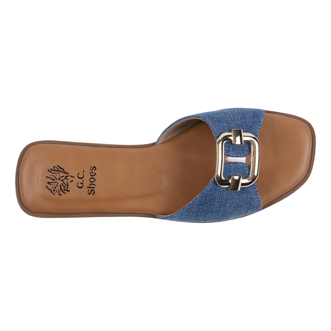 Davina Denim Hardware Slide Flat Sandals