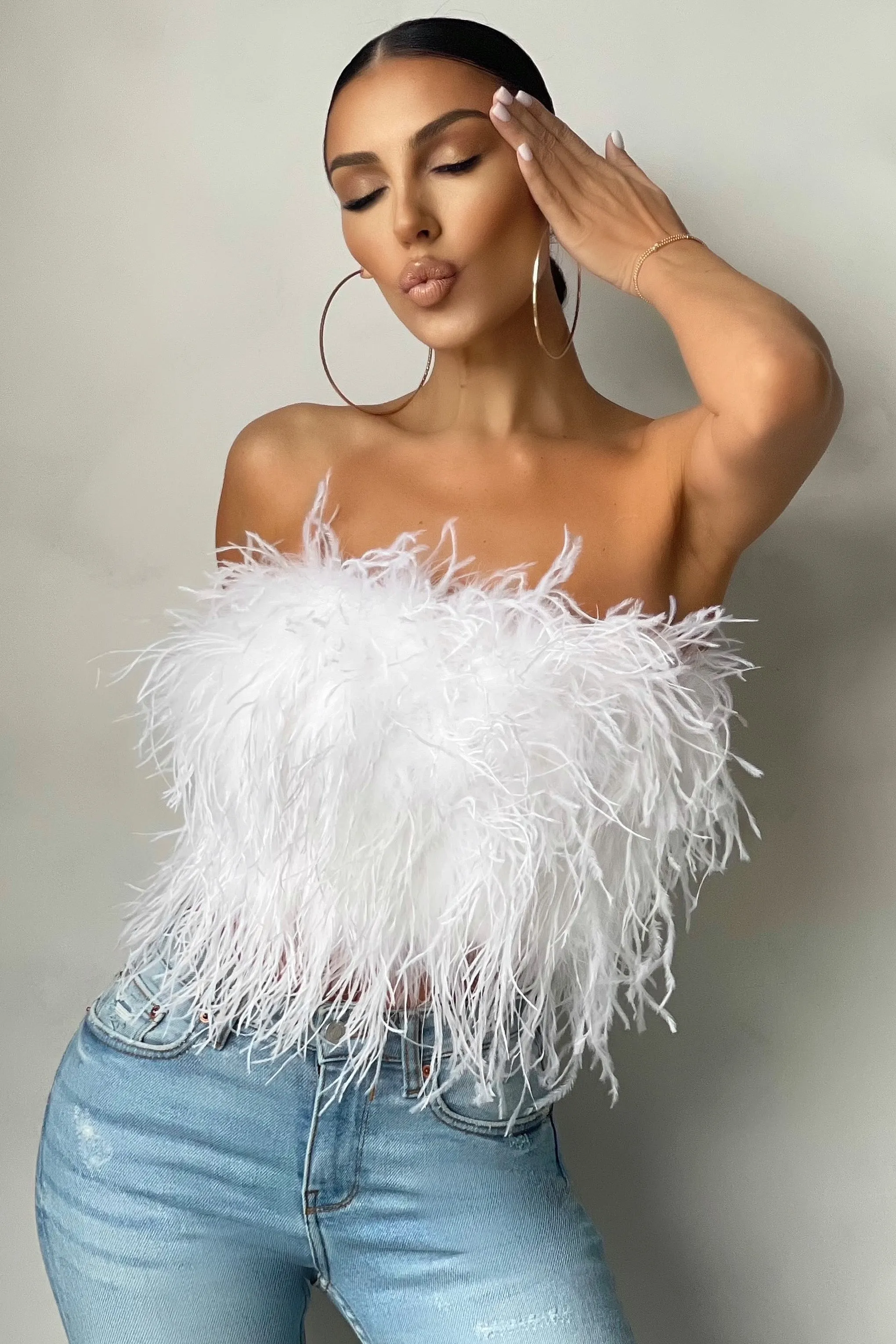 White Feather Bandeau Crop Top for Dreamy Days