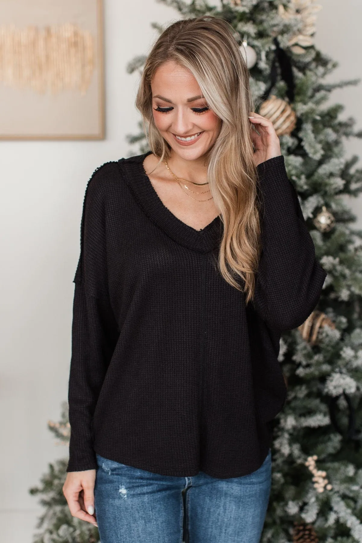 V-Neck Knit Top- Black