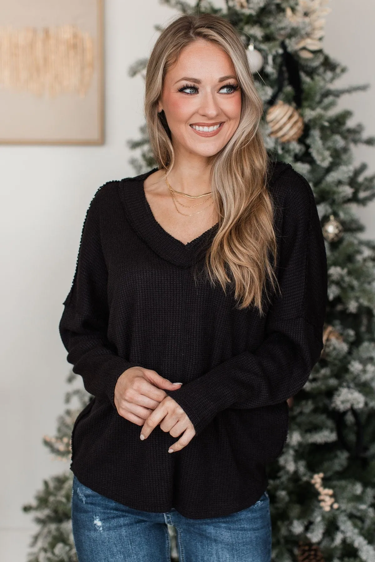 V-Neck Knit Top- Black