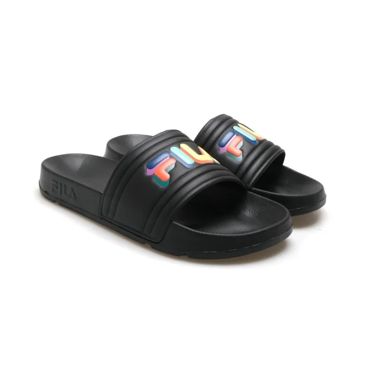 FILA Men's Morro Bay Slipper Pool Beach Sandals Black Logo Strap