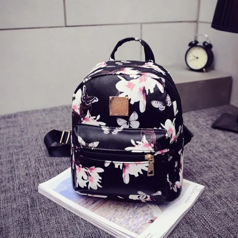 Floral Print PU Leather Women's Backpack for Teenage Girls