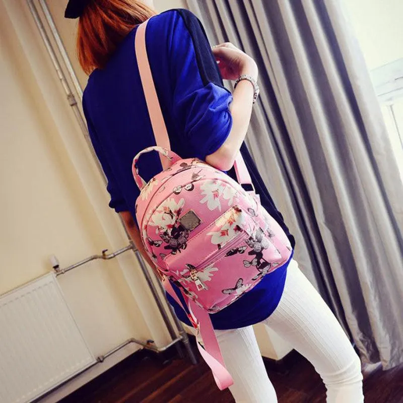 Floral Print PU Leather Women's Backpack for Teenage Girls