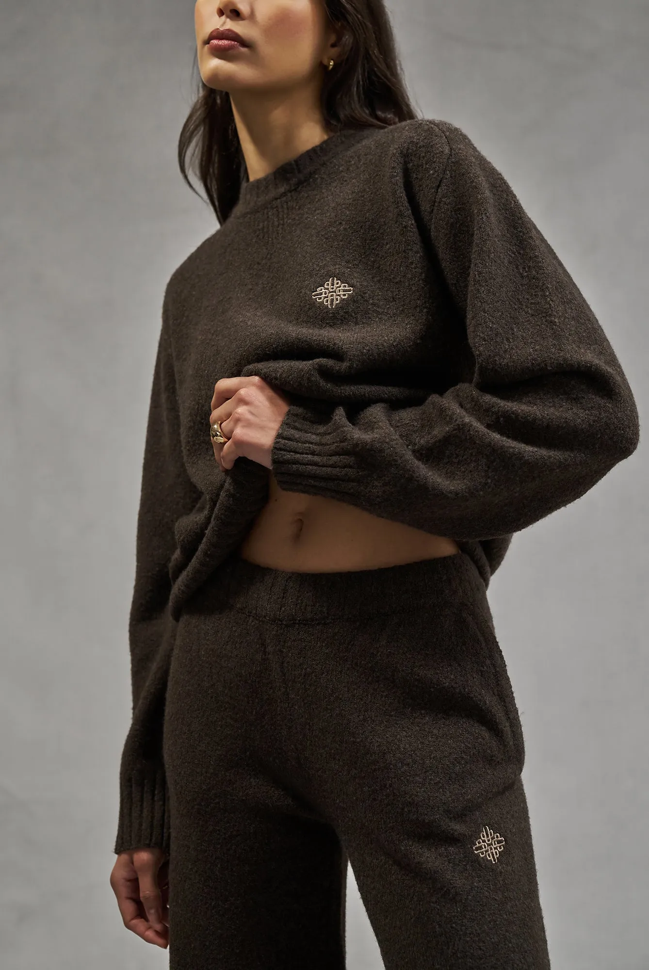 FLUFFY KNIT EMBLEM EMBROIDERED CREW - BROWN