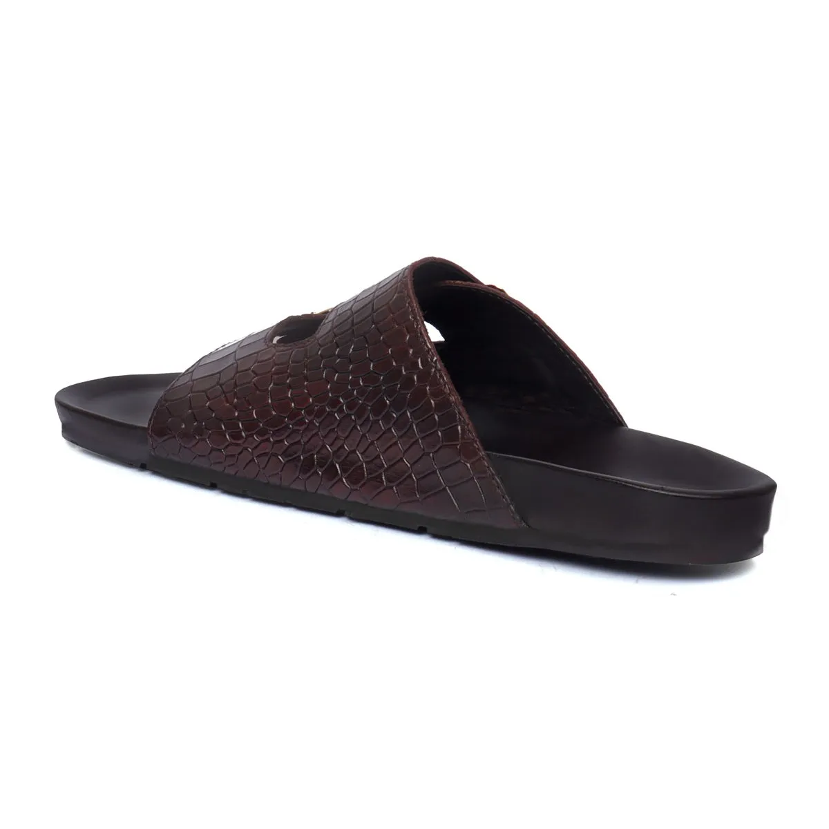 Footbed Slippers in Dark Brown Croco Textured Leather