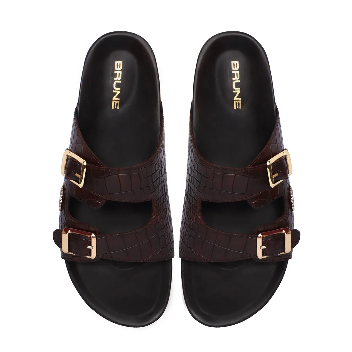 Footbed Slippers in Dark Brown Croco Textured Leather