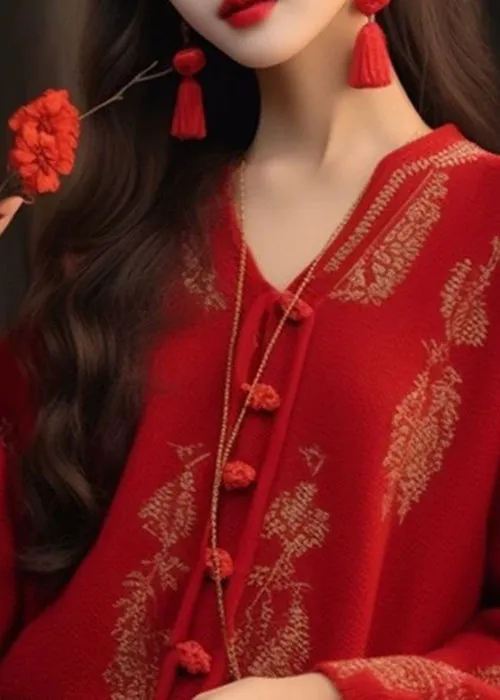 French Red V Neck Button Knit Top Long Sleeve AS1004