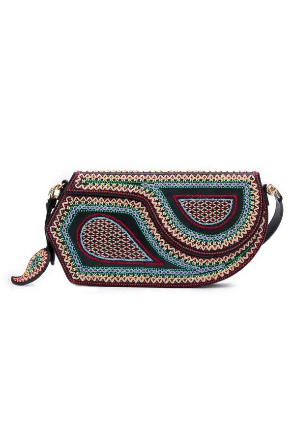 GEO Shoulder Bag Leather -  Black (With Colourful Beads)