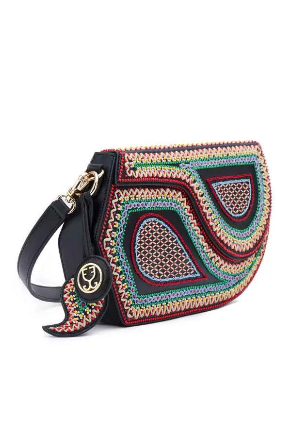 GEO Shoulder Bag Leather -  Black (With Colourful Beads)