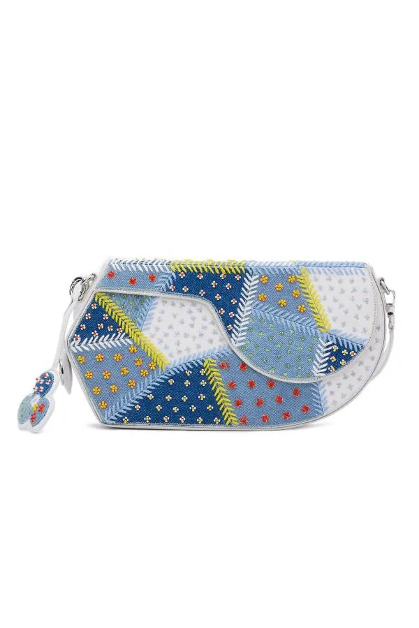 GEO Shoulder Bag Leather - Denim Patchwork (With Beads Embroidery)