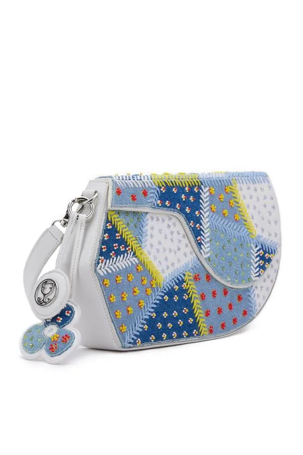 GEO Shoulder Bag Leather - Denim Patchwork (With Beads Embroidery)