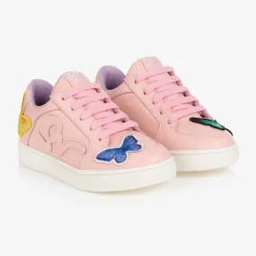 Girls Pink Leather Butterfly Trainers