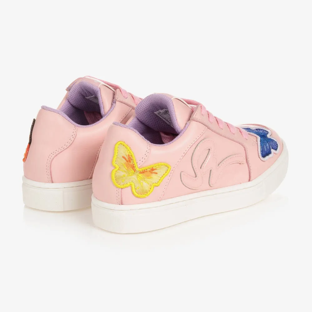 Girls Pink Leather Butterfly Trainers