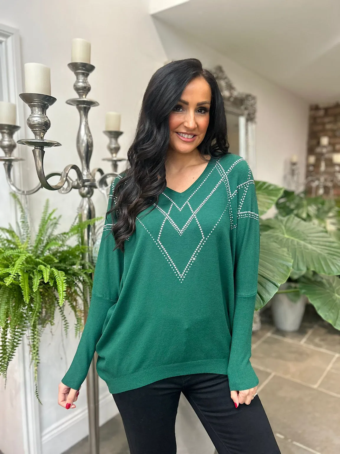 Green Knit Sweater with Diamond Embellishments