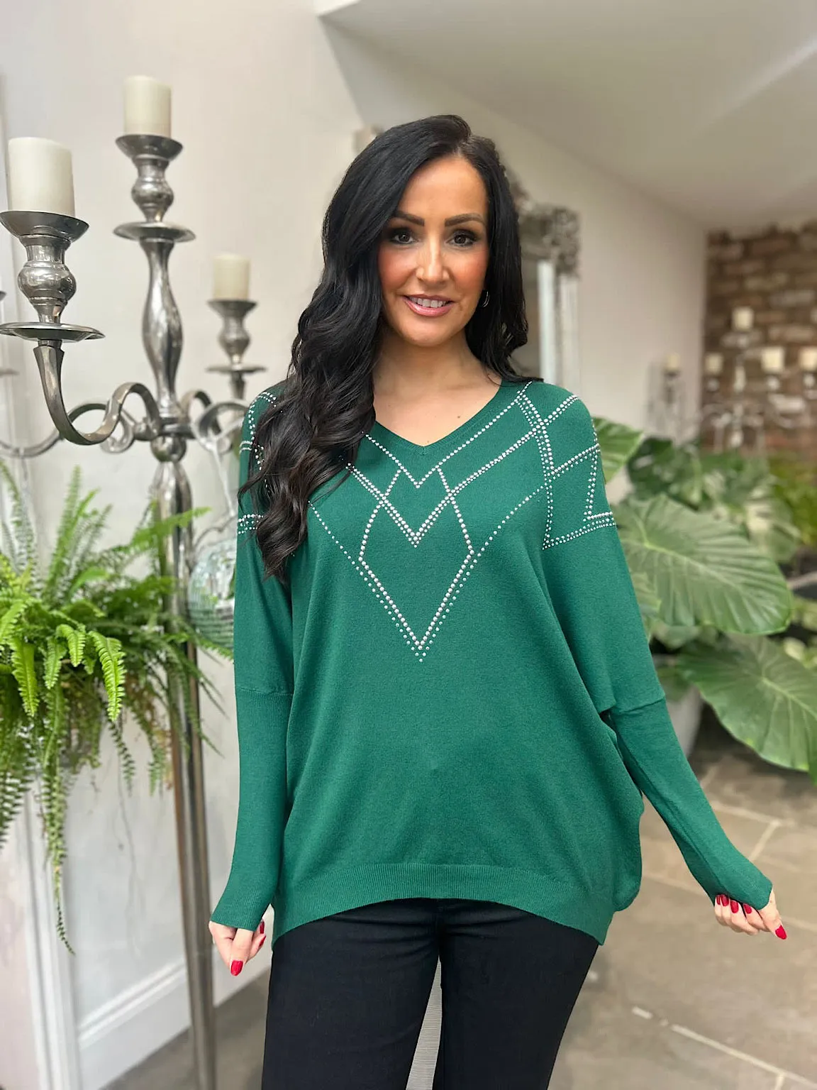 Green Knit Sweater with Diamond Embellishments