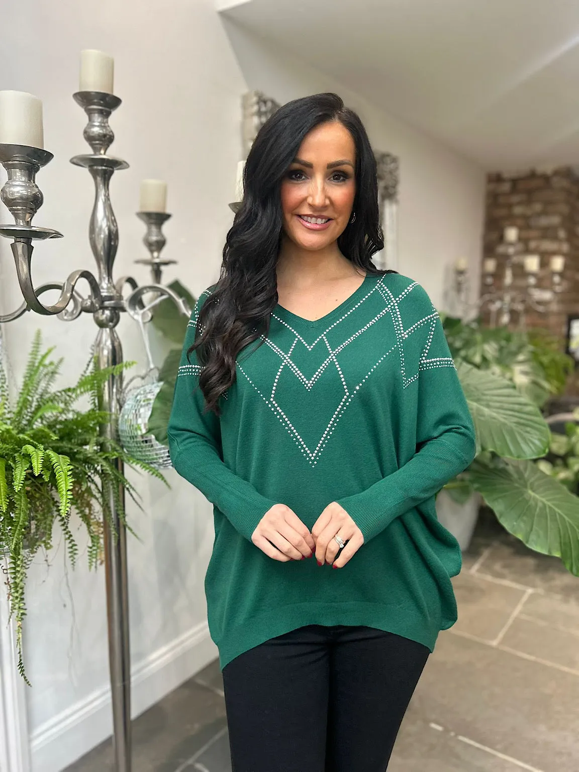 Green Knit Sweater with Diamond Embellishments