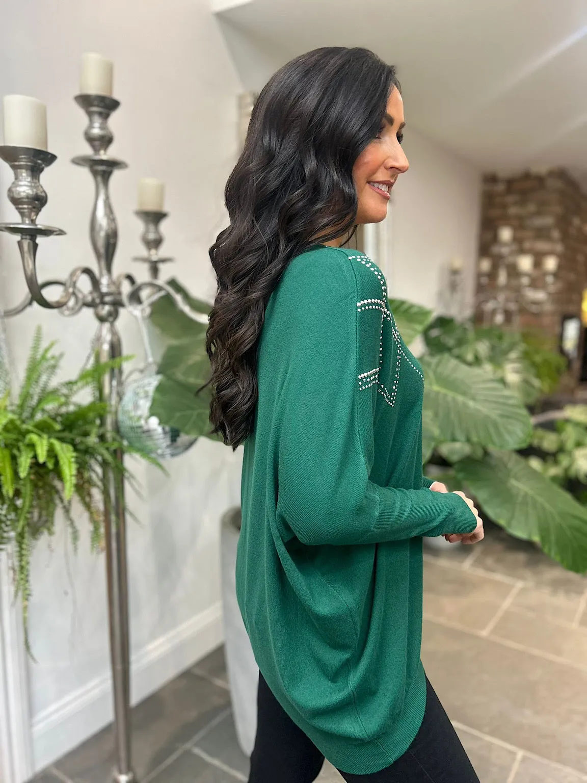 Green Knit Sweater with Diamond Embellishments