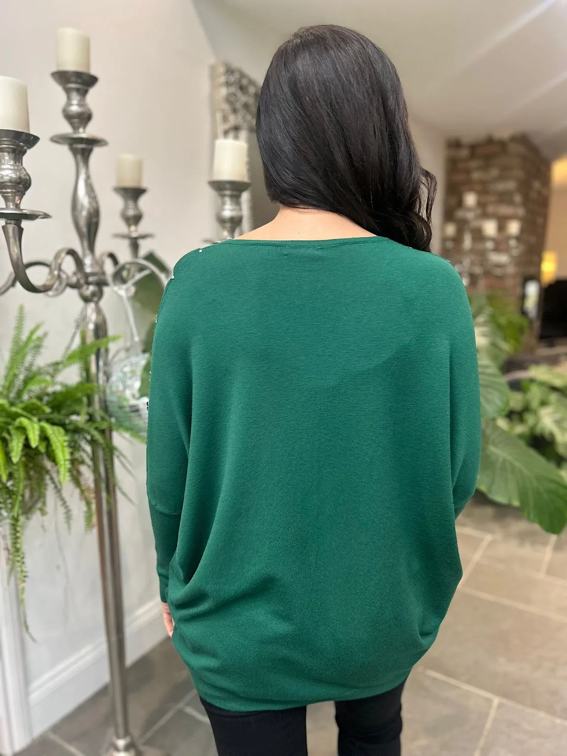 Green Knit Sweater with Diamond Embellishments