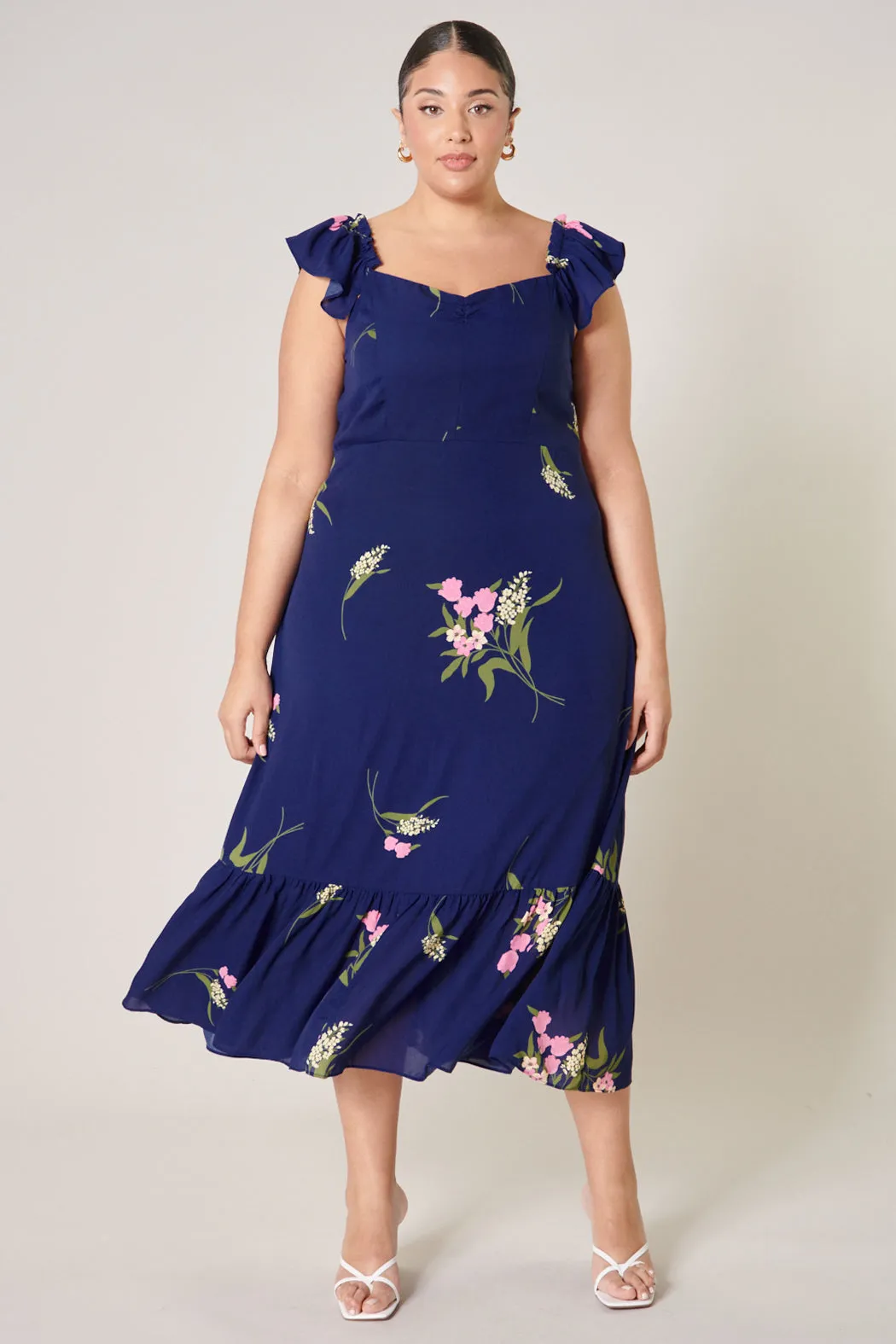 Gretta Floral Off the Shoulder Lynn Ruffle Midi Dress Curve