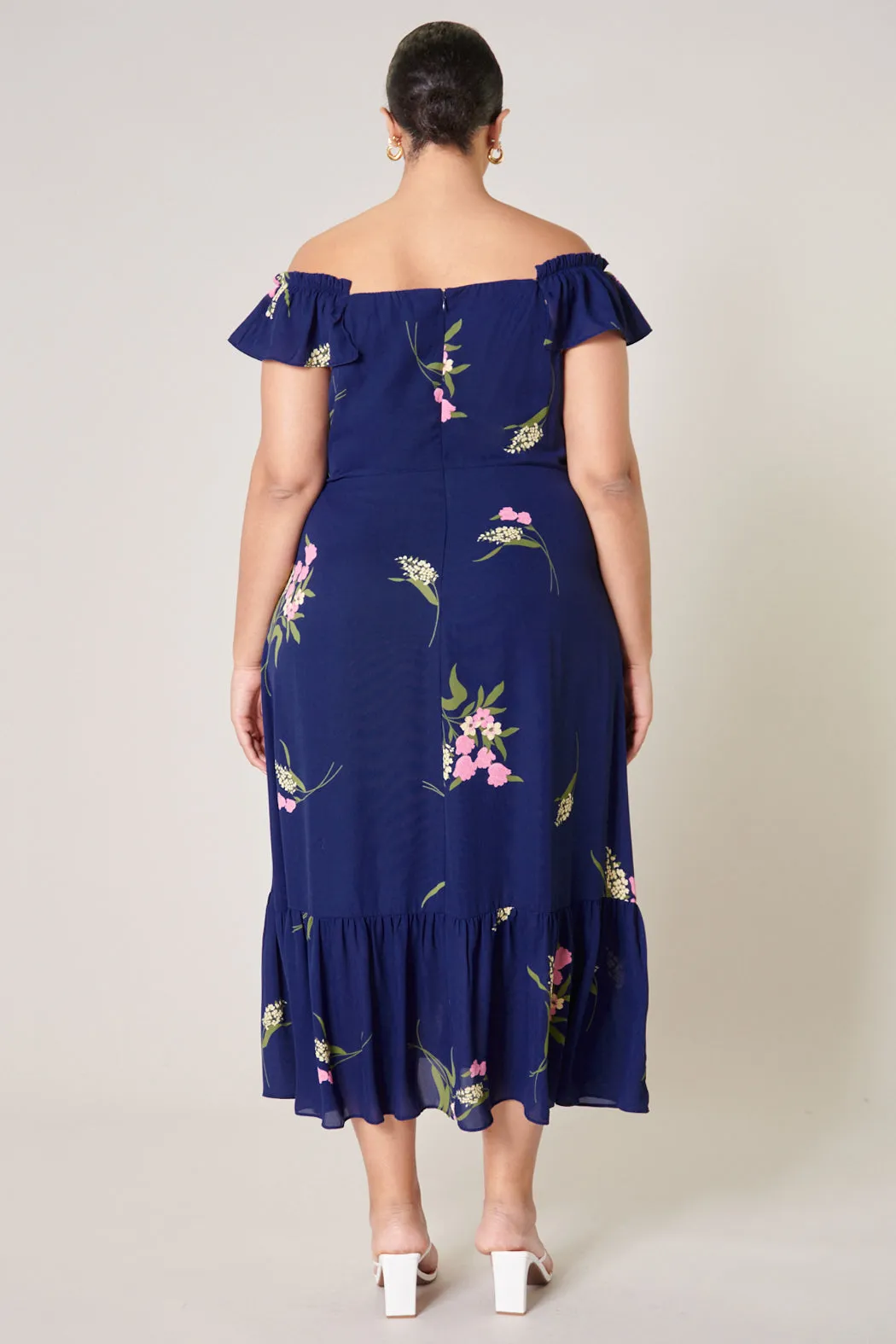 Gretta Floral Off the Shoulder Lynn Ruffle Midi Dress Curve