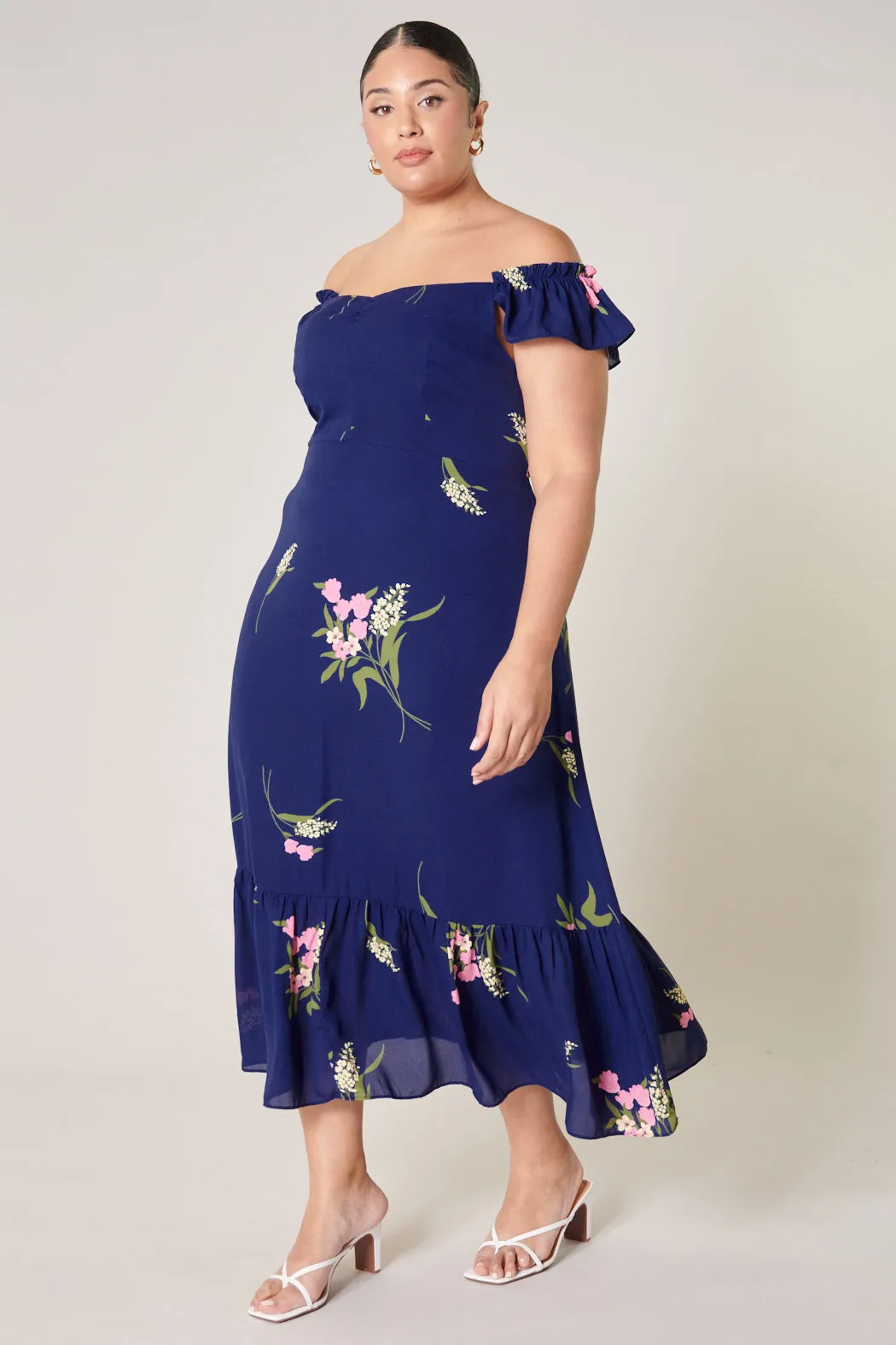 Gretta Floral Off the Shoulder Lynn Ruffle Midi Dress Curve