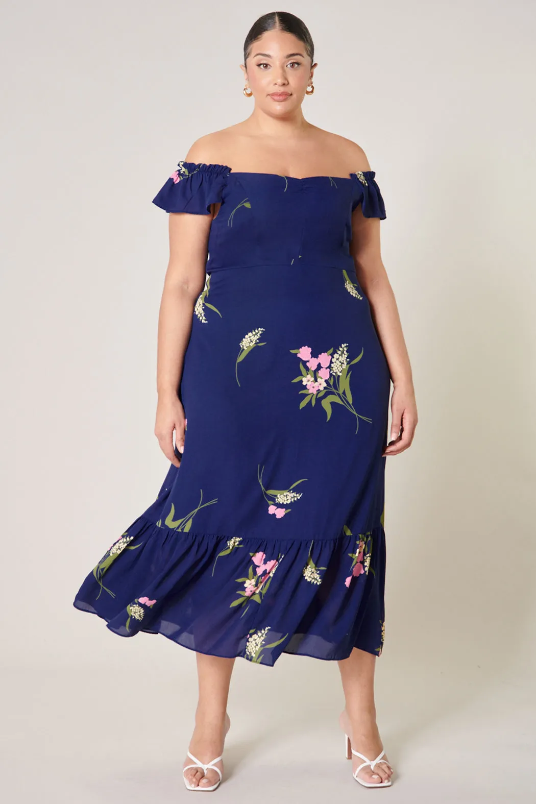 Gretta Floral Off the Shoulder Lynn Ruffle Midi Dress Curve