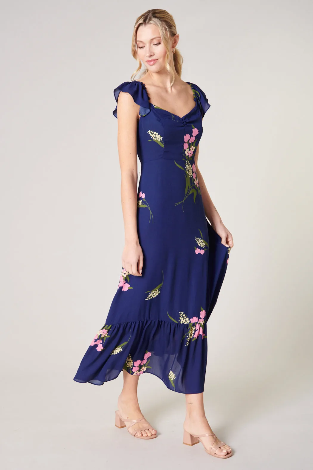 Gretta Floral Off the Shoulder Lynn Ruffle Midi Dress