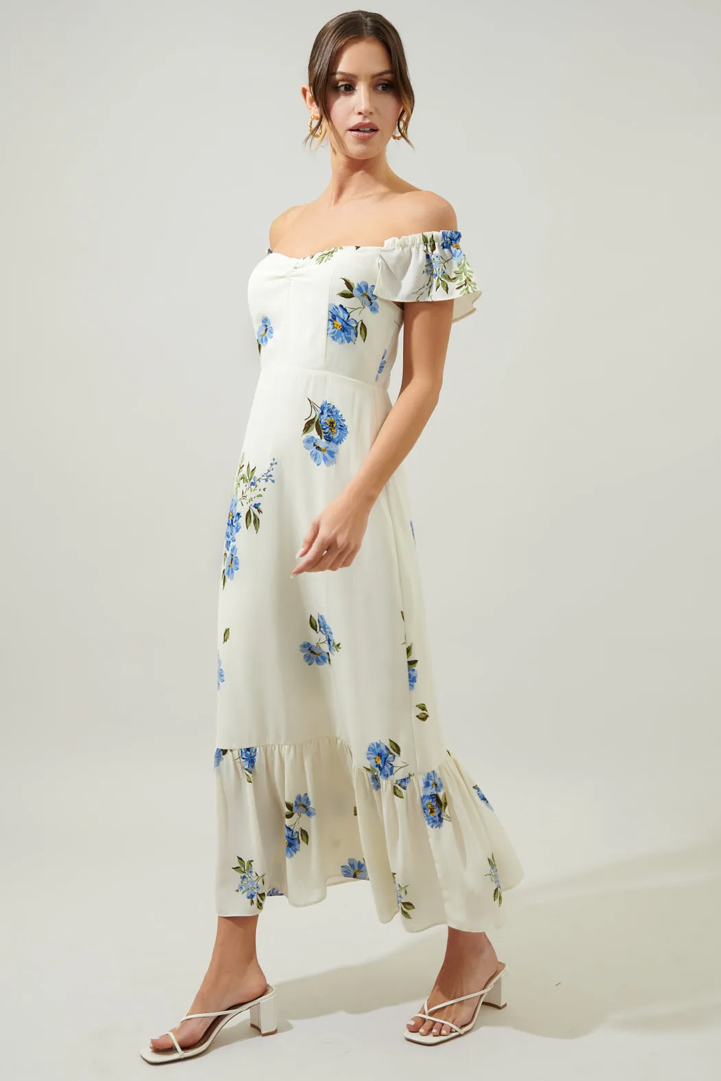 Hadley Off the Shoulder Lynn Ruffle Midi Dress