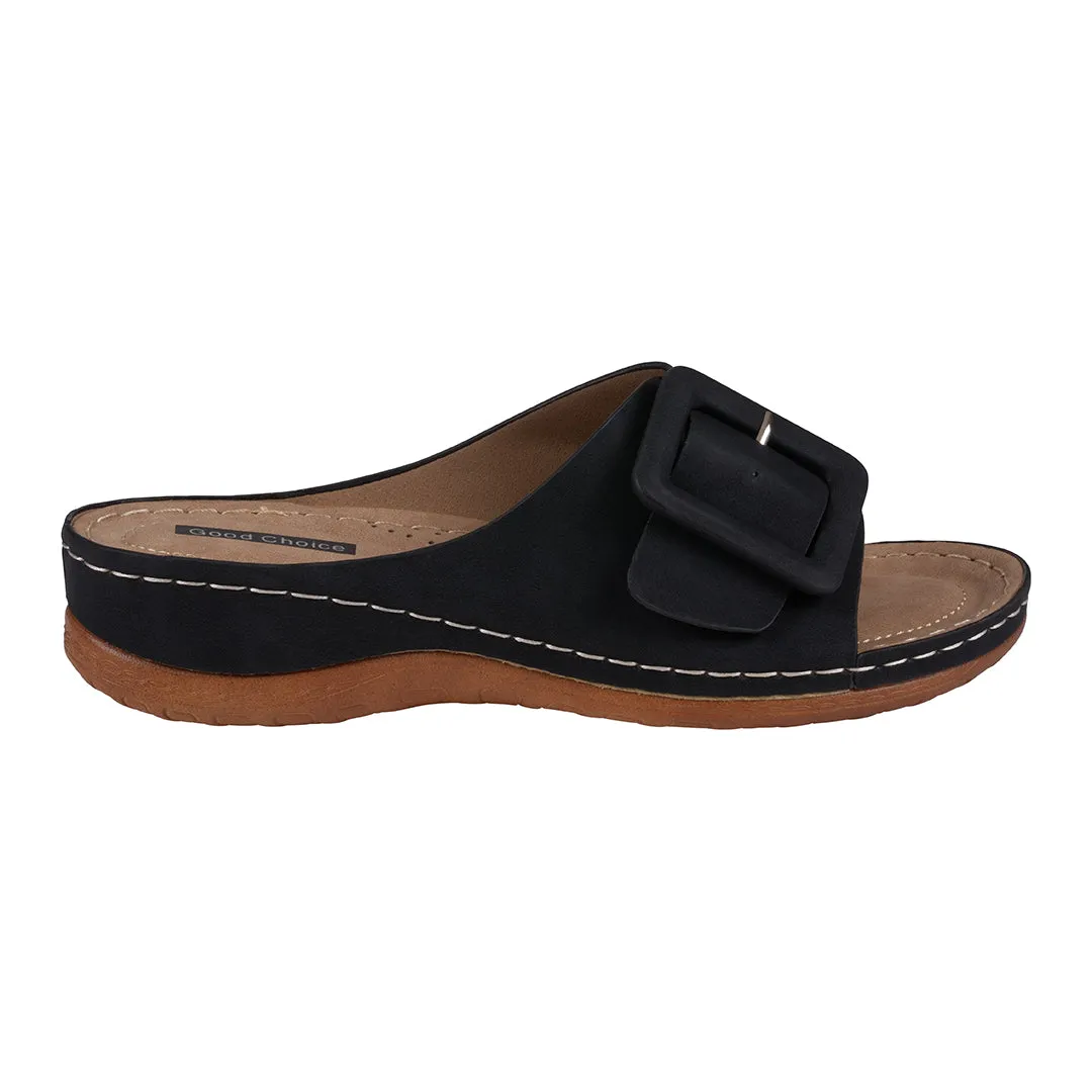 Hamden Black Buckle Comfort Flat Sandals