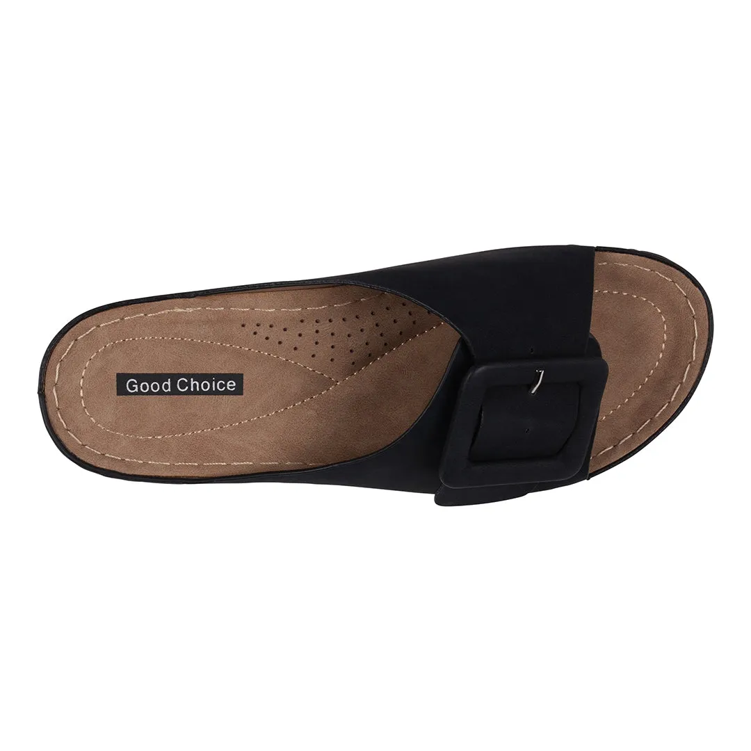 Hamden Black Buckle Comfort Flat Sandals