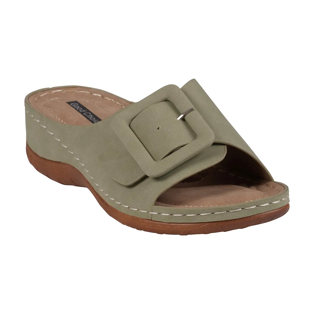 Hamden Green Buckle Comfort Flat Sandals