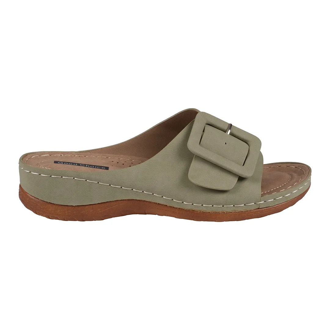 Hamden Green Buckle Comfort Flat Sandals