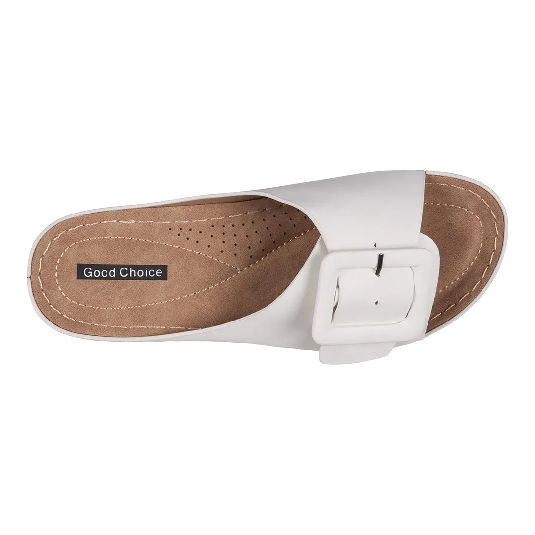 Hamden White Buckle Comfort Flat Sandals