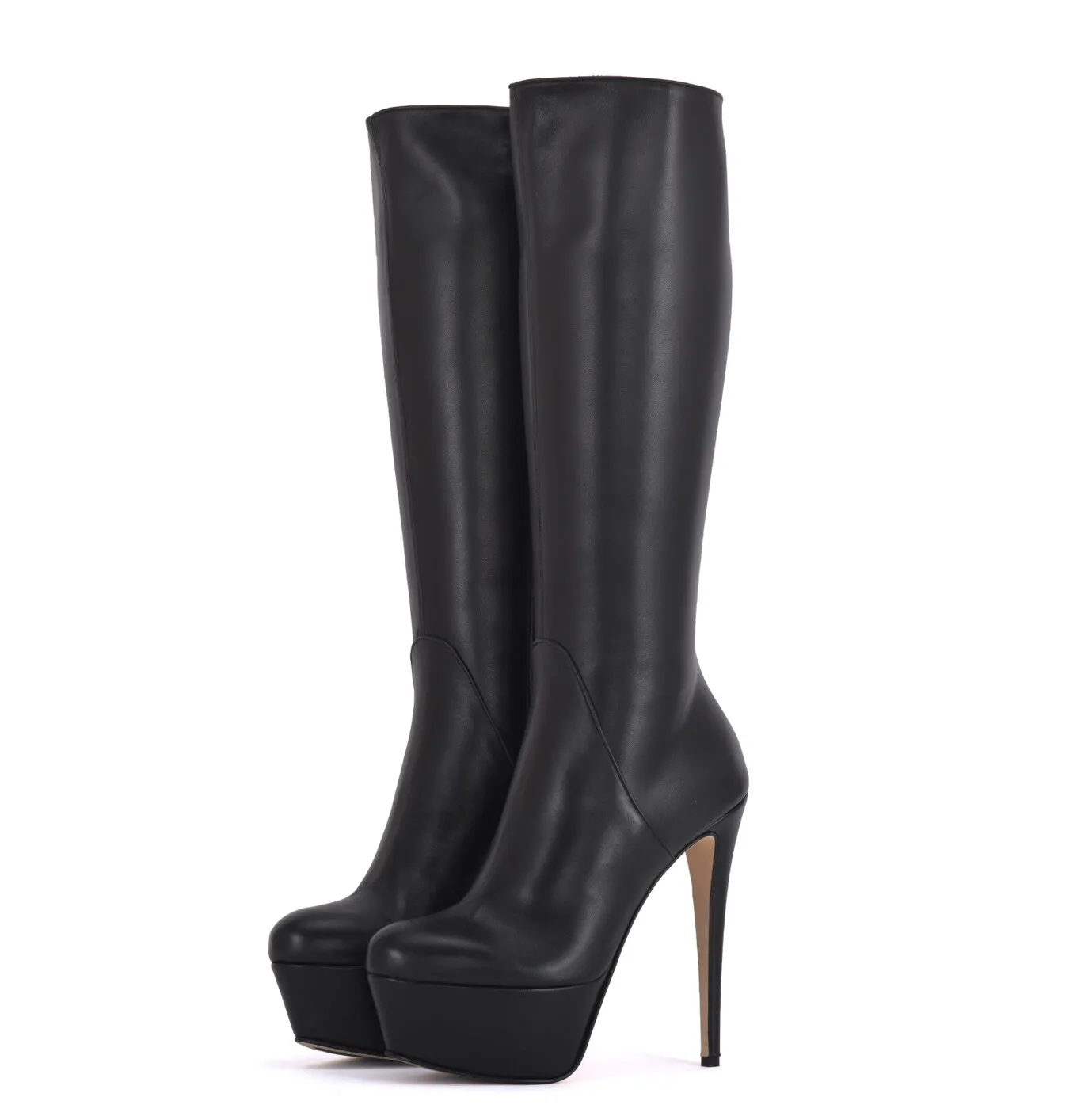 High knee boots with platform heels in real leather