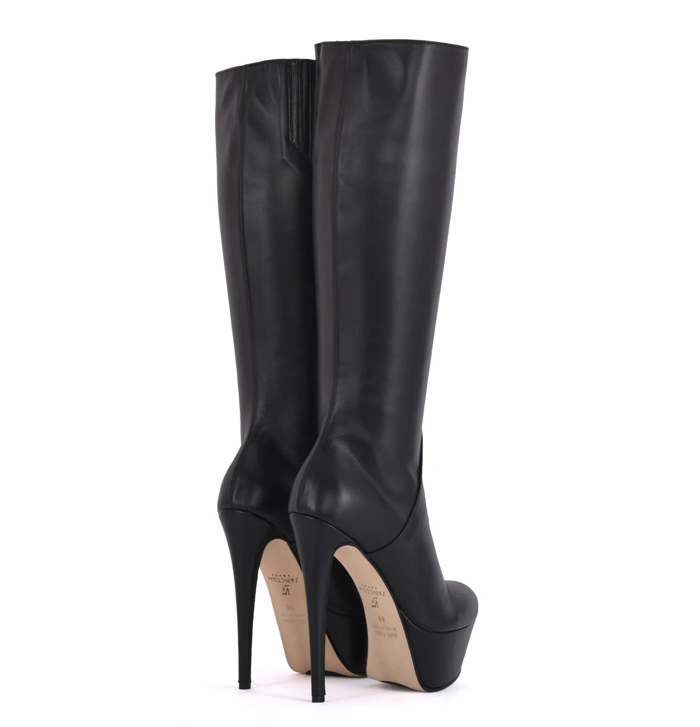 High knee boots with platform heels in real leather