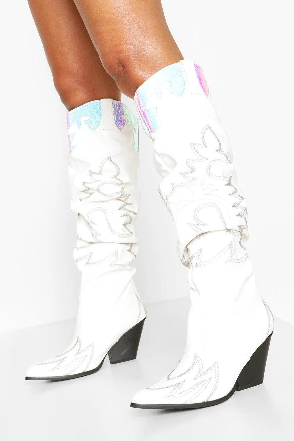 Holographic Panel Knee High Western Boots