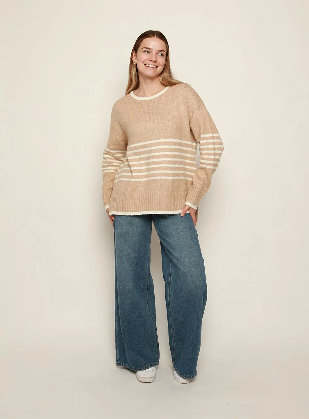 Ivy Stripe Knit in Camel and White