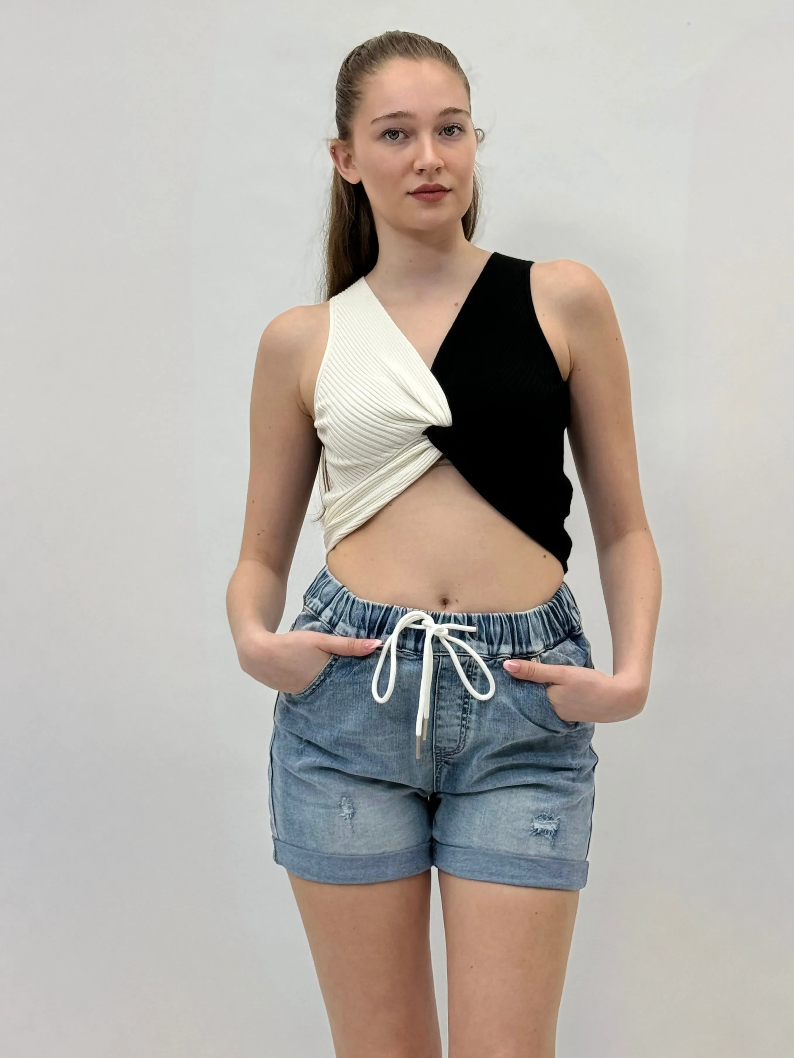 Jeans Shorts with Elastic Waistband and Distressing - Shop Now.