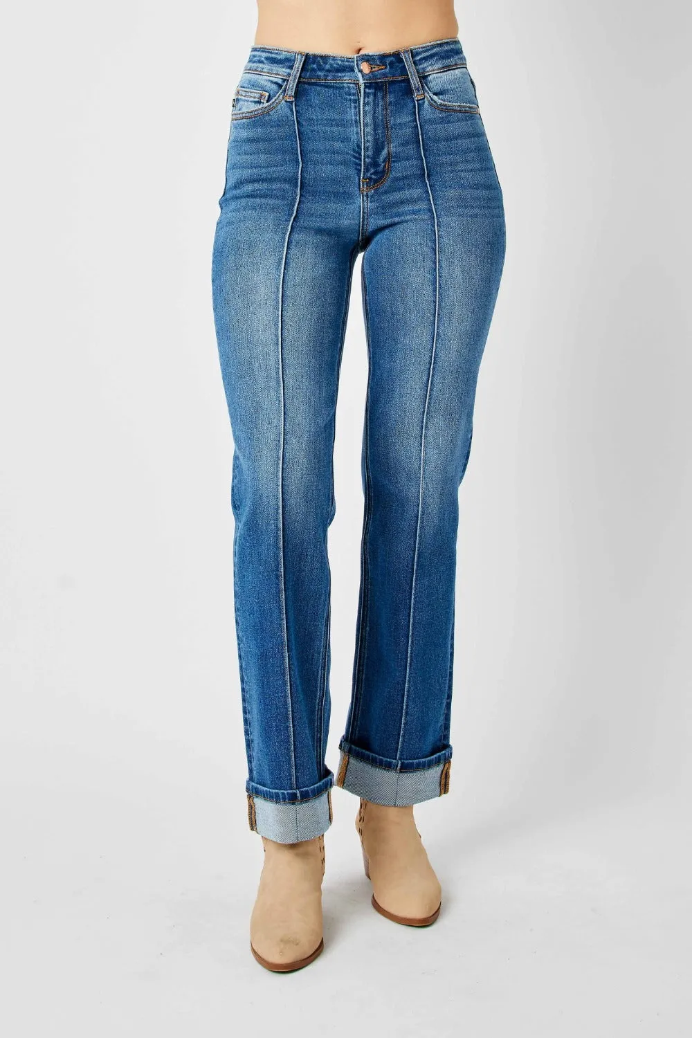 Judy Blue High Waist Straight Jeans with Front Seam Detail - Full Size.