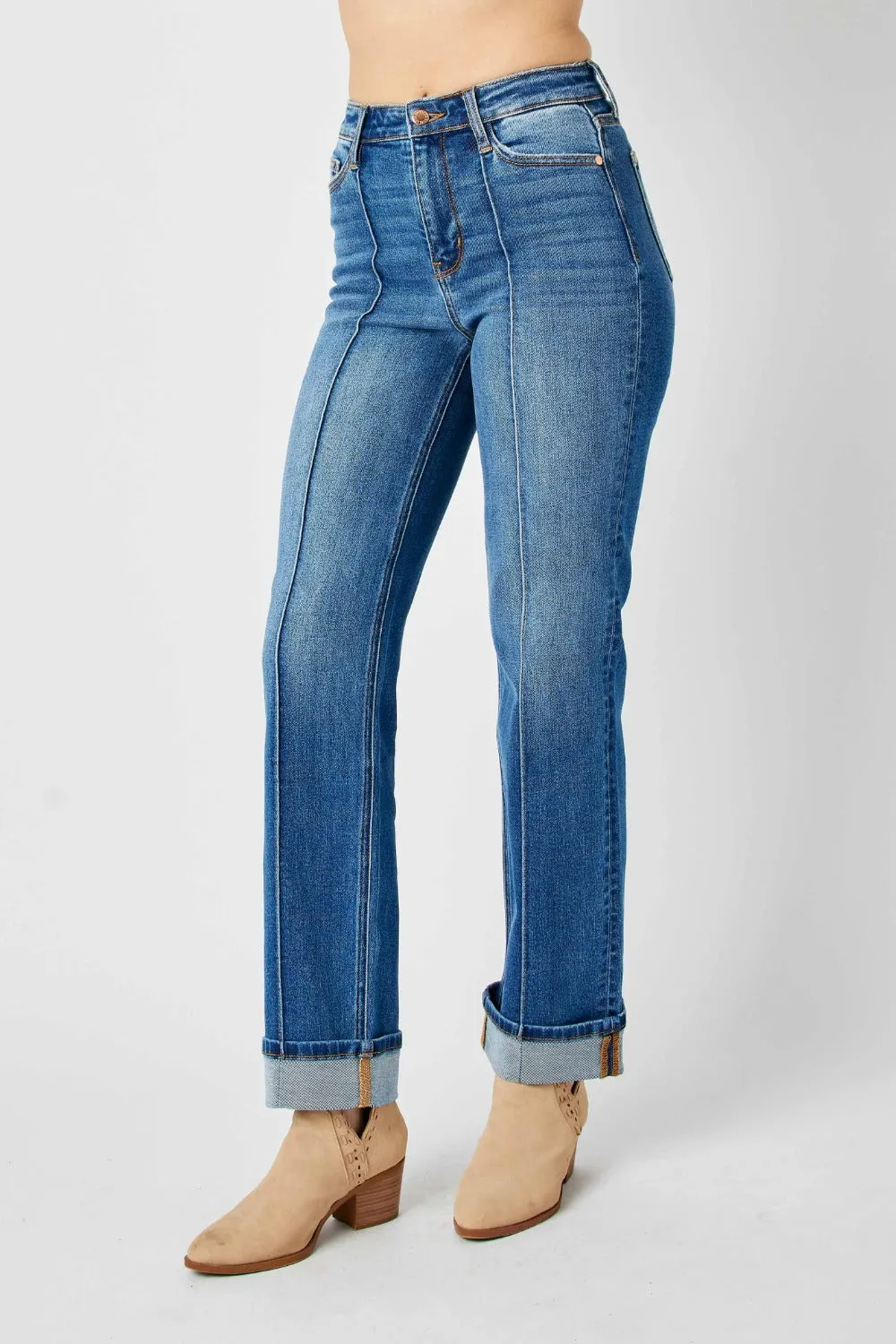 Judy Blue High Waist Straight Jeans with Front Seam Detail - Full Size.