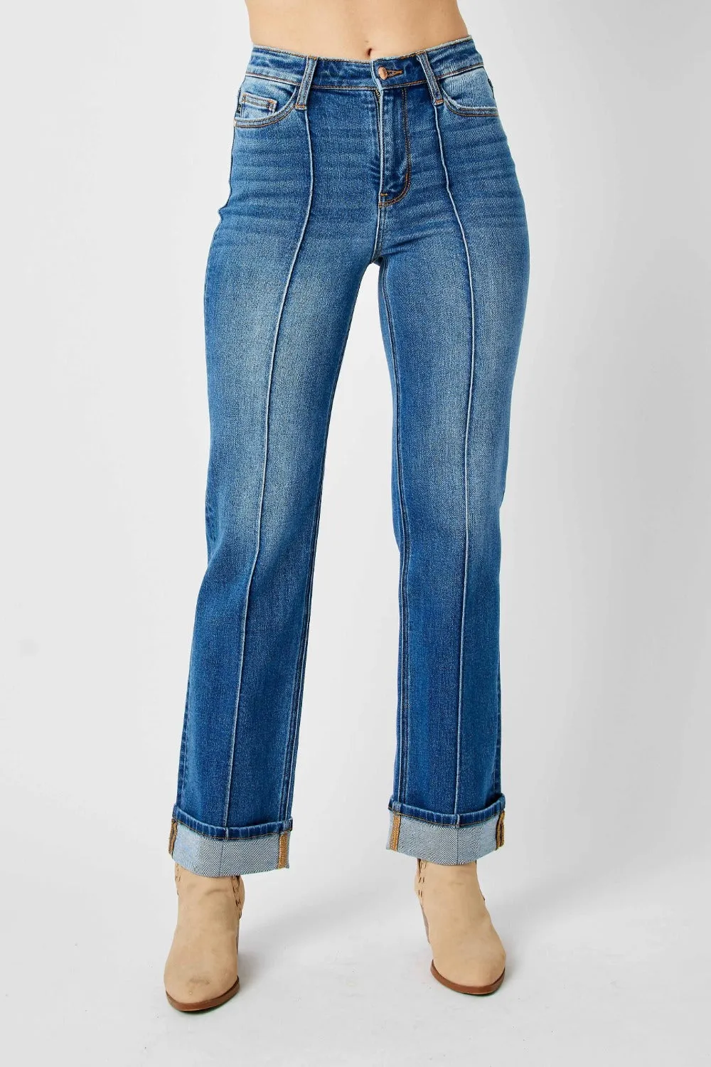 Judy Blue High Waist Straight Jeans with Front Seam Detail - Full Size.