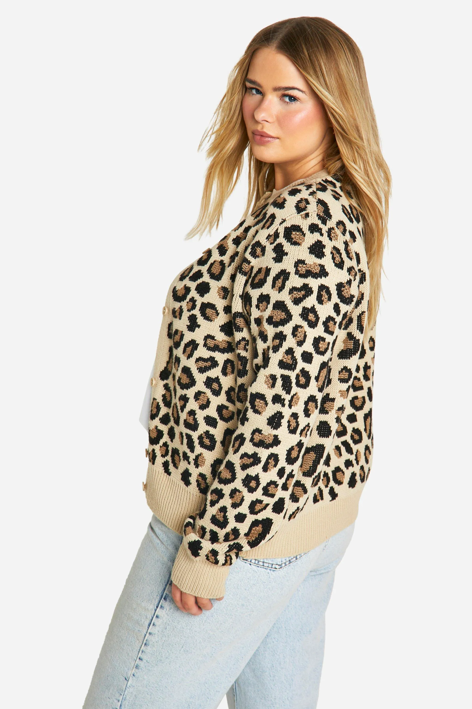 Plus Size Leopard Print Crew Neck Micro Cardigan from boohoo