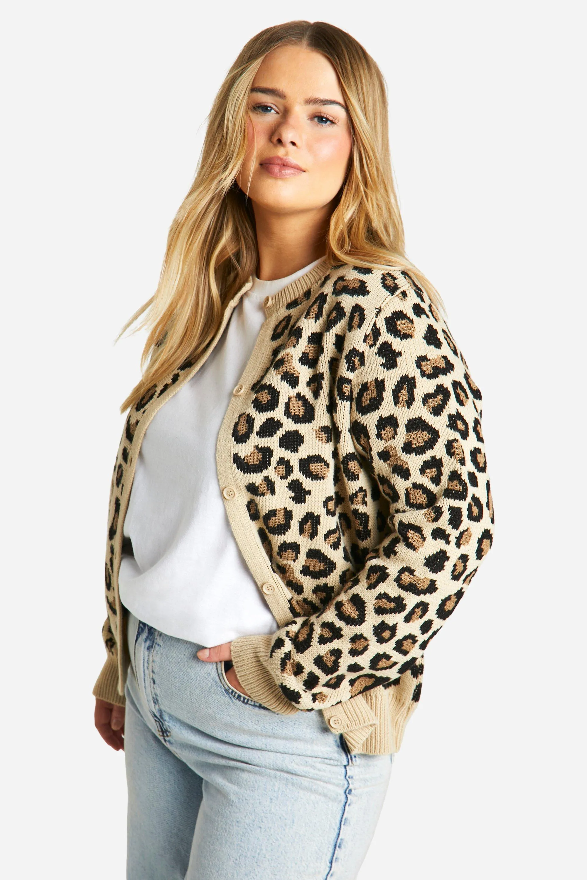 Plus Size Leopard Print Crew Neck Micro Cardigan from boohoo