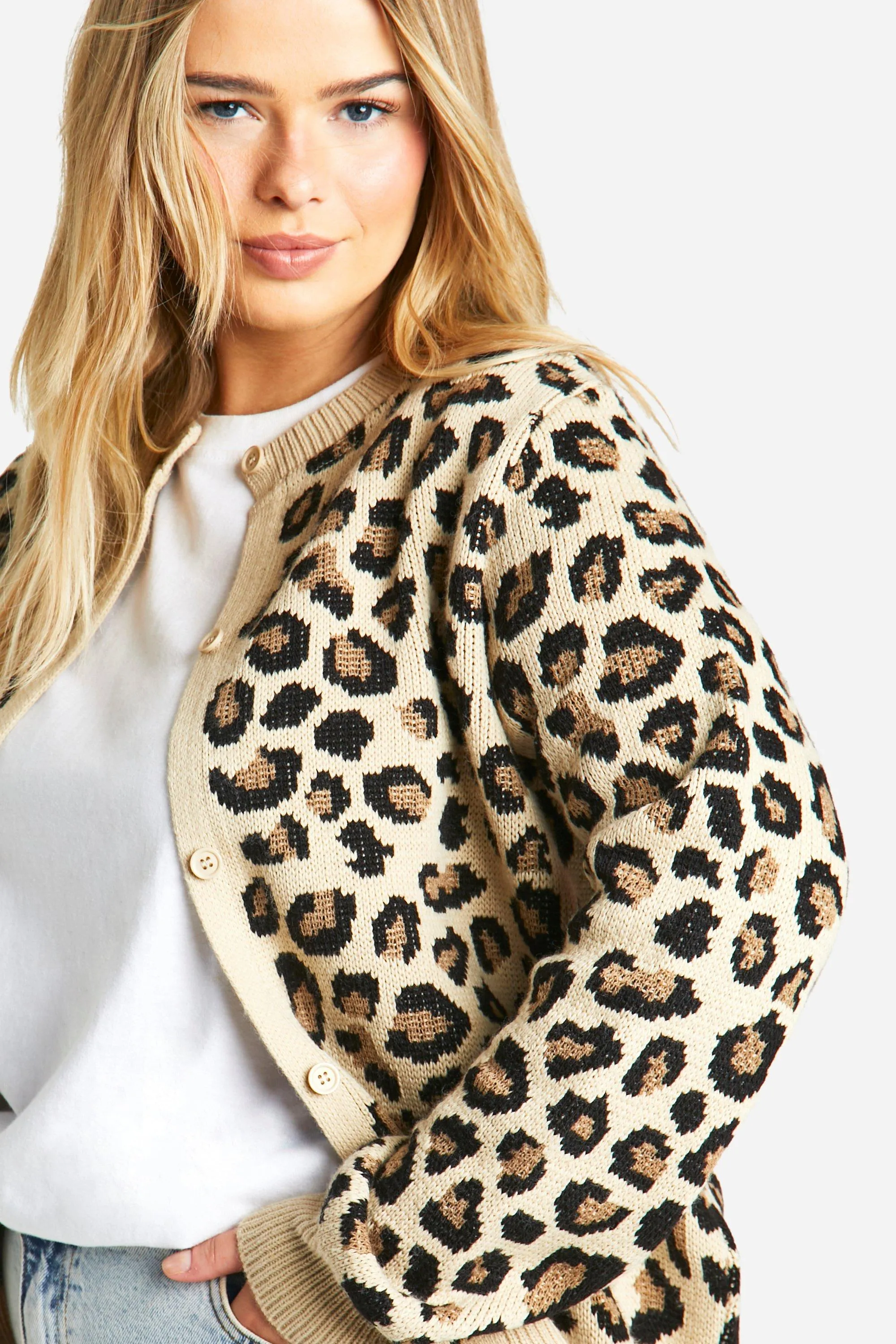 Plus Size Leopard Print Crew Neck Micro Cardigan from boohoo